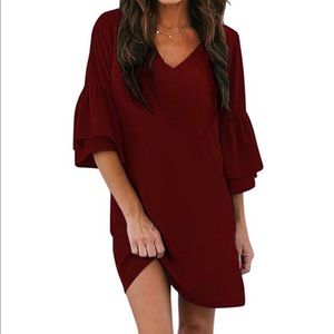 Belongsci red wine v-neck bell sleeve mini dress